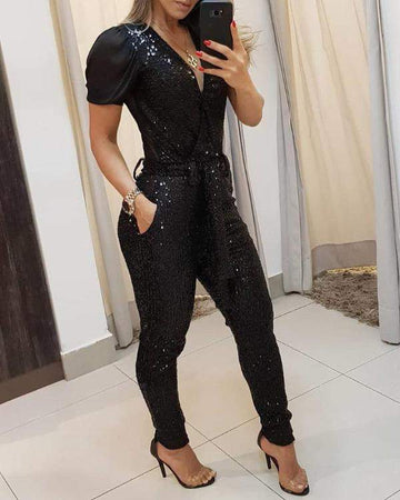 SEQUINS PLUNGE SHEER MESH SLEEVE JUMPSUIT