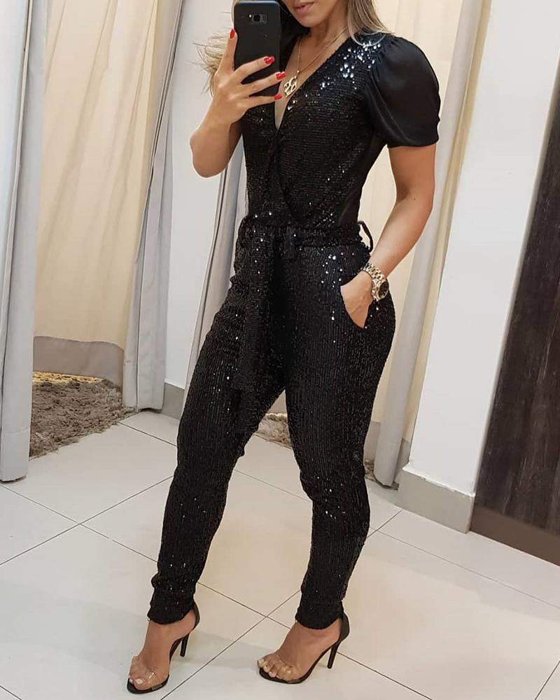 SEQUINS PLUNGE SHEER MESH SLEEVE JUMPSUIT