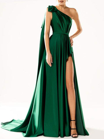 PARTY DRESSES GREEN ONE SHOULDER SLEEVELESS OPEN SHOULDER HIGH SLIT LONG SEMI FORMAL DRESS