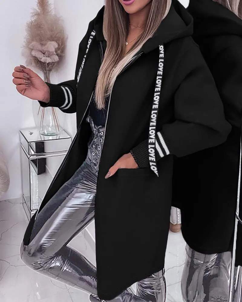 STRIPED POCKET ZIPPER DESIGN LONGLINE HOODIE