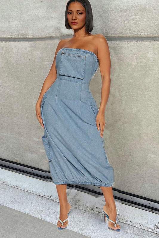 STRAPLESS DENIM LONG DRESS