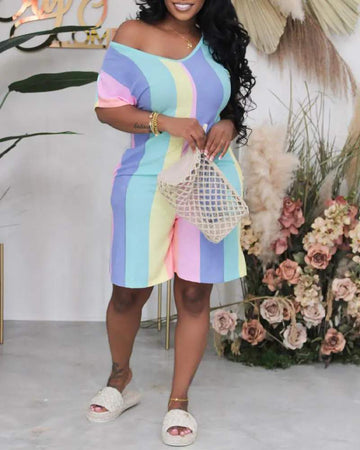 Ladies Striped Casual Romper Lounge Set