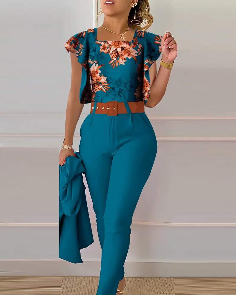 FLORAL PRINT SHIRT HIGH WAIST PANTS SET
