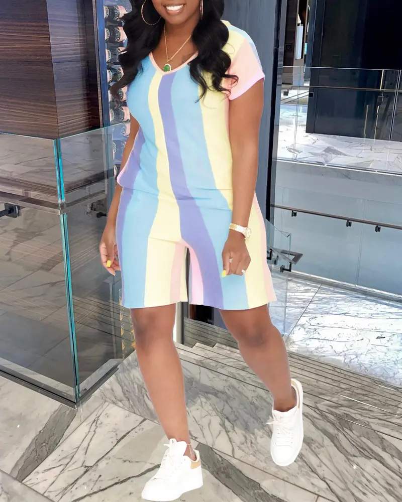 Ladies Striped Casual Romper Lounge Set