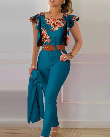 FLORAL PRINT SHIRT HIGH WAIST PANTS SET