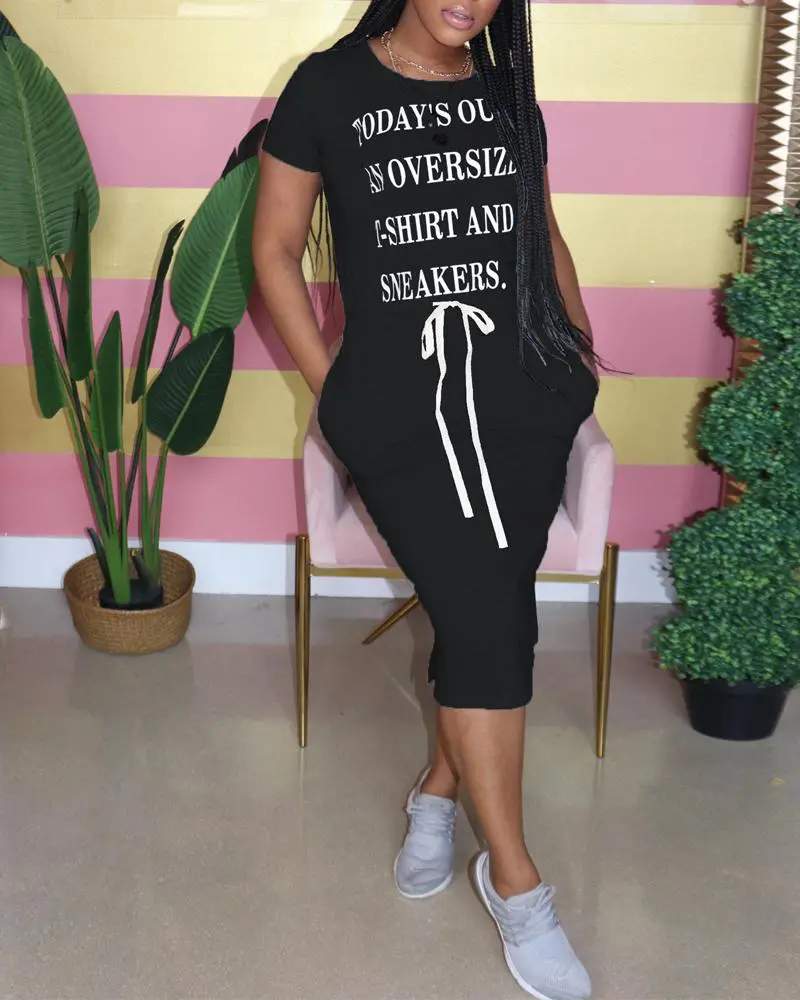 LETTER PRINT SPLIT HEM DRAWSTRING CASUAL DRESS