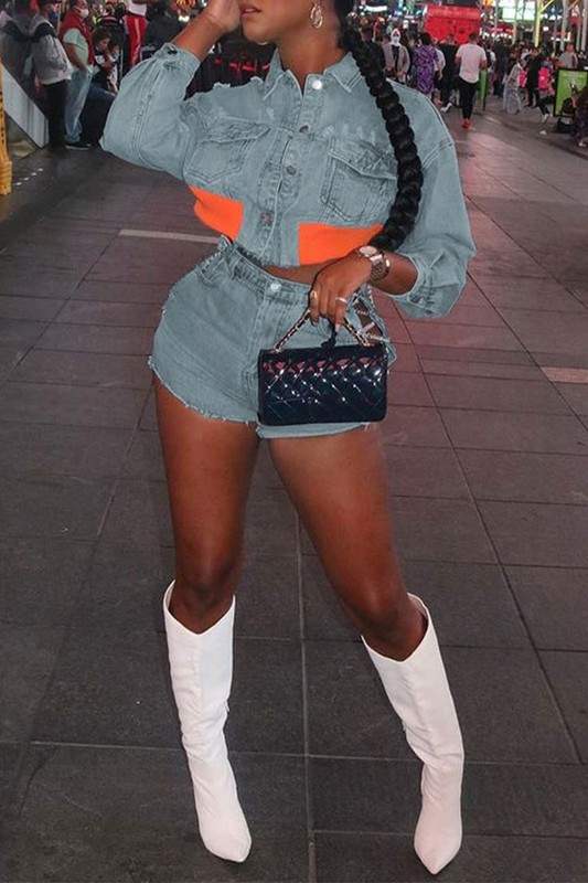 STRETCH DENIM JACKET AND SHORTS SET