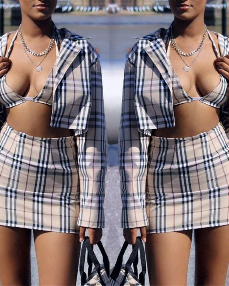 Plaid Print Long Sleeve Coat Skirt Set With Bralette