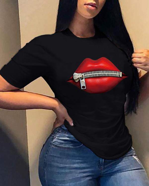 Letter Lip Print Short Sleeve TShirt