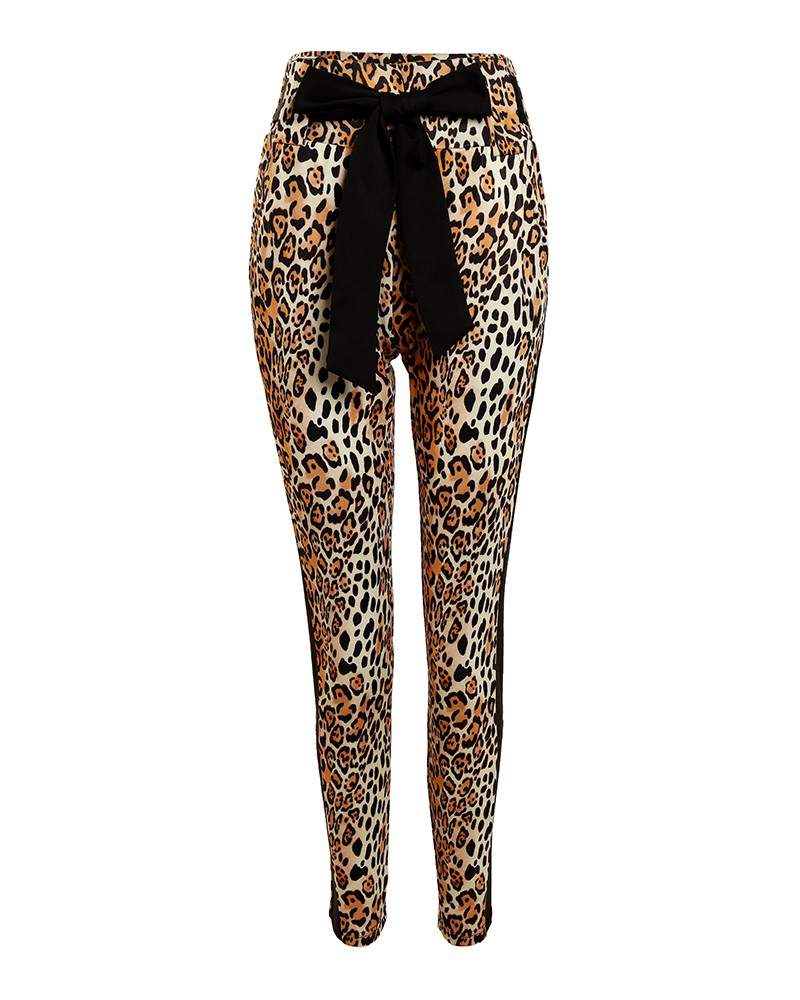 STRIPED CHEETAH PRINT TIED DETAIL SKINNY PANTS