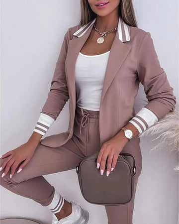 STRIPED NOTCHED COLLAR BLAZER COAT DRAWSTRING PANTS SET