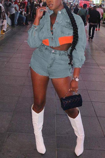STRETCH DENIM JACKET AND SHORTS SET