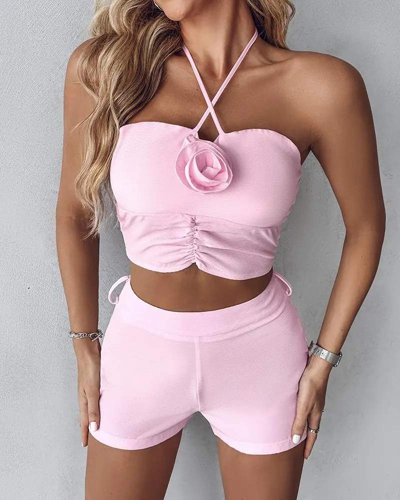ROSE DETAIL RUCHED HALTER TOP SHORTS SET