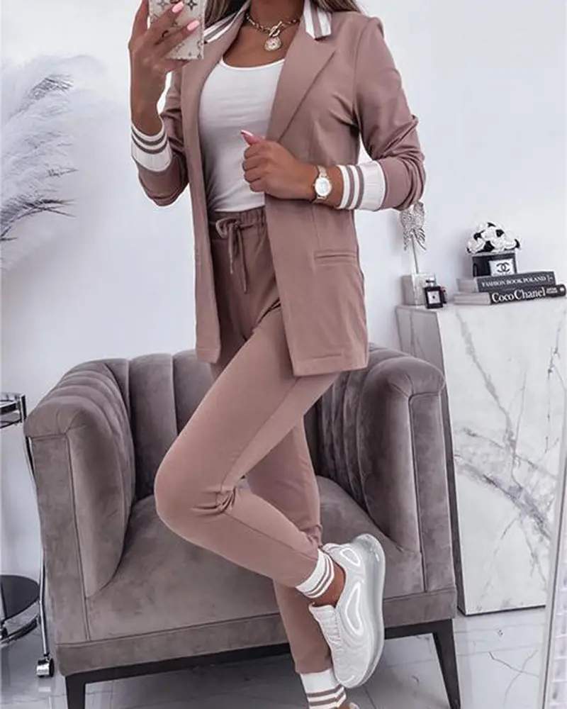 STRIPED NOTCHED COLLAR BLAZER COAT DRAWSTRING PANTS SET