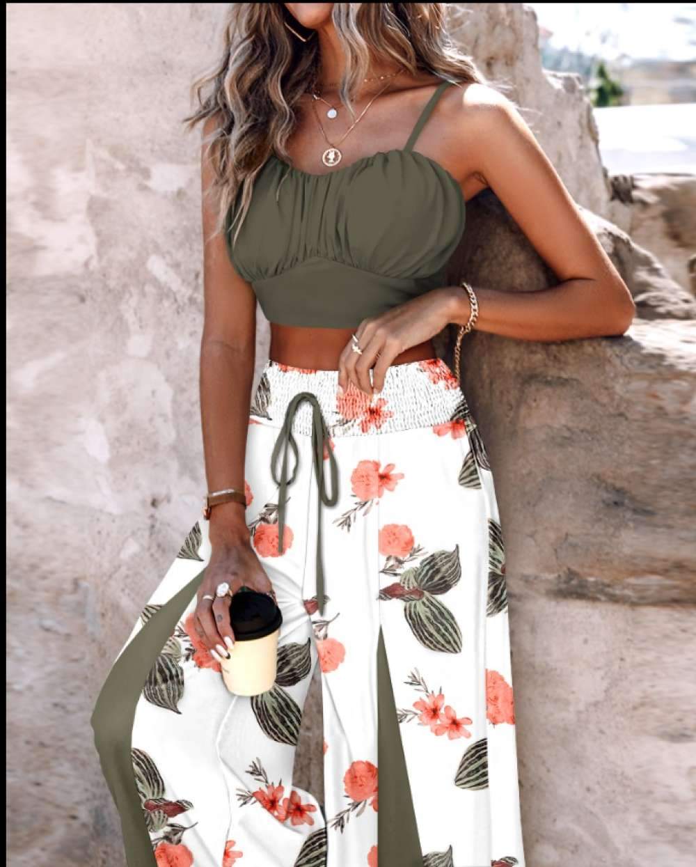 RUCHED CAMI TOP PLANTS PRINT SHIRRED WIDE LEG PANTS SET