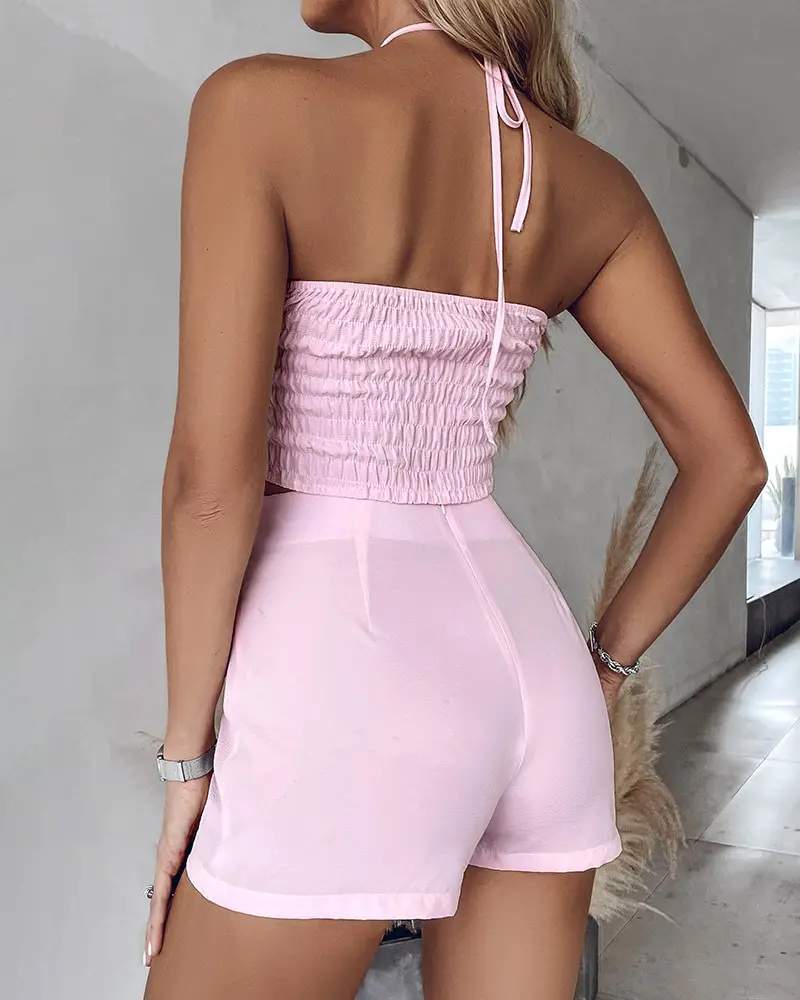 ROSE DETAIL RUCHED HALTER TOP SHORTS SET