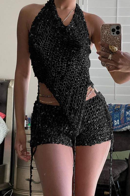 SEQUINS CROCHET SHORTS SET
