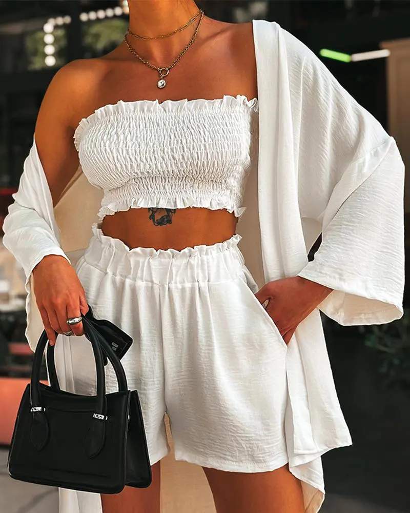 SHIRRED FRILL HEM BANDEAU TOP POCKET DESIGN SHORTS SET WITH COAT