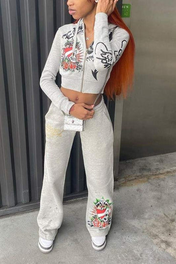 GRAPHIC CROP JACKET TOP AND PANTS SET