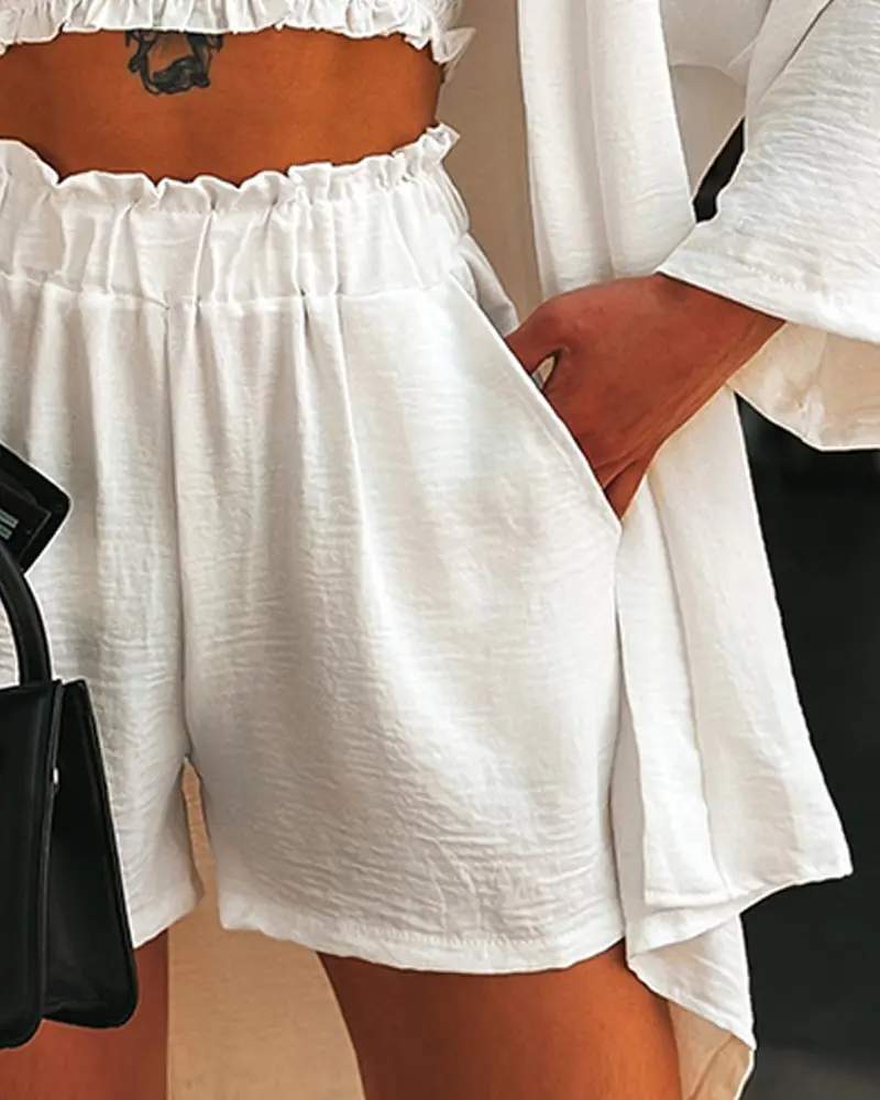SHIRRED FRILL HEM BANDEAU TOP POCKET DESIGN SHORTS SET WITH COAT