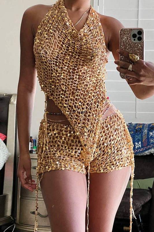 SEQUINS CROCHET SHORTS SET