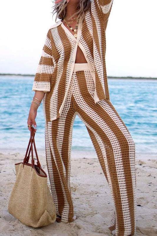 STRIPES COLLARED TOP PANTS SET