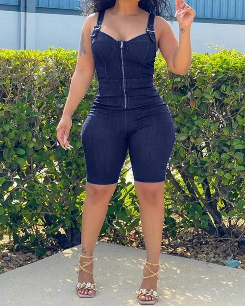 SOLID COLOR SLING SKINNY DENIM ROMPERS