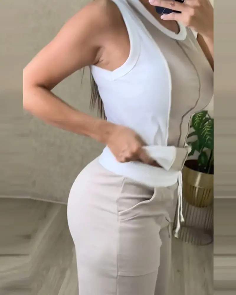 COLORBLOCK RIBBED TANK TOP POCKET DESIGN PANTS SET