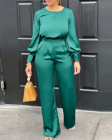ROUND NECK LANTERN SLEEVE RUCHED TOP PANTS SET