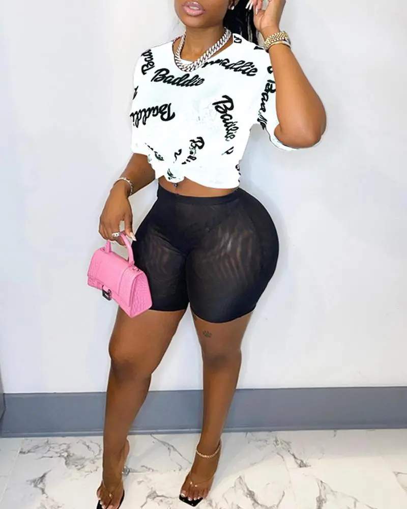 LETTER PRINT SHEER MESH TOP SHORTS SET