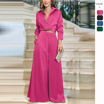 SEXY PLEATED LONG SLEEVE WIDE LEG PANTS CASUAL SUIT