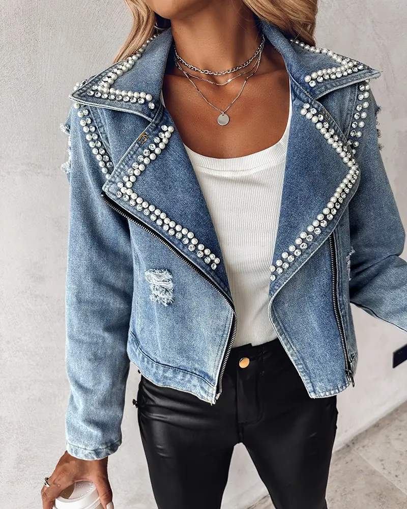 ZIPPER DESIGN BEADED RIPPED DENIM JACKET