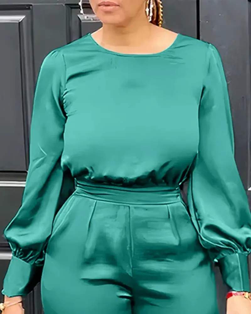 ROUND NECK LANTERN SLEEVE RUCHED TOP PANTS SET