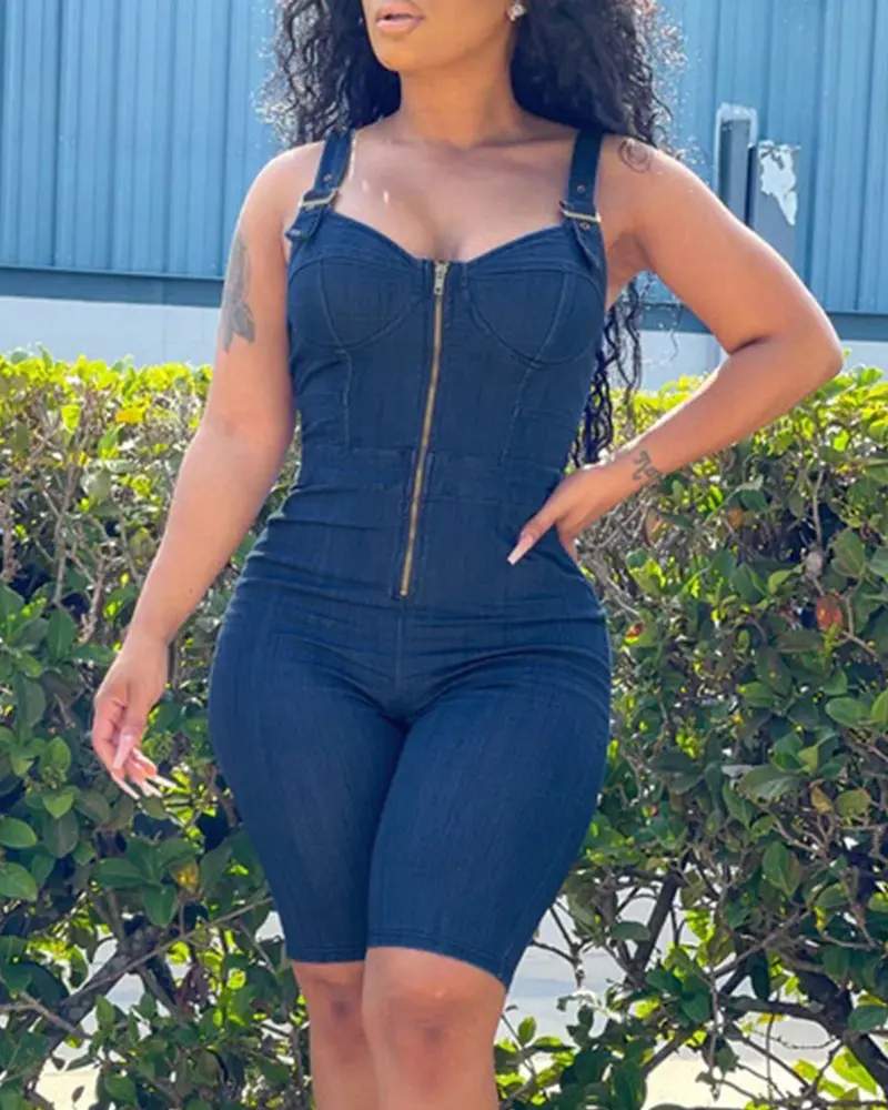 SOLID COLOR SLING SKINNY DENIM ROMPERS
