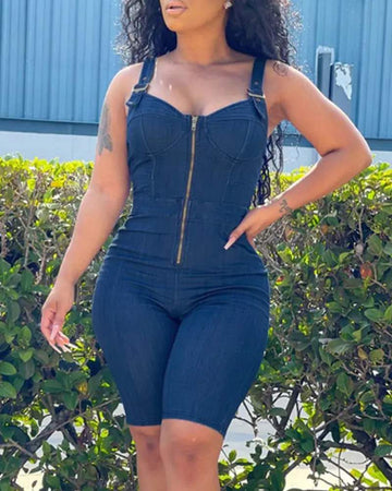 SOLID COLOR SLING SKINNY DENIM ROMPERS