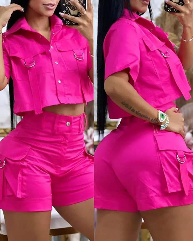 TURN DOWN COLLAR FLAP DETAIL BUTTONED CROP TOP POCKET DESIGN SHORTS SET