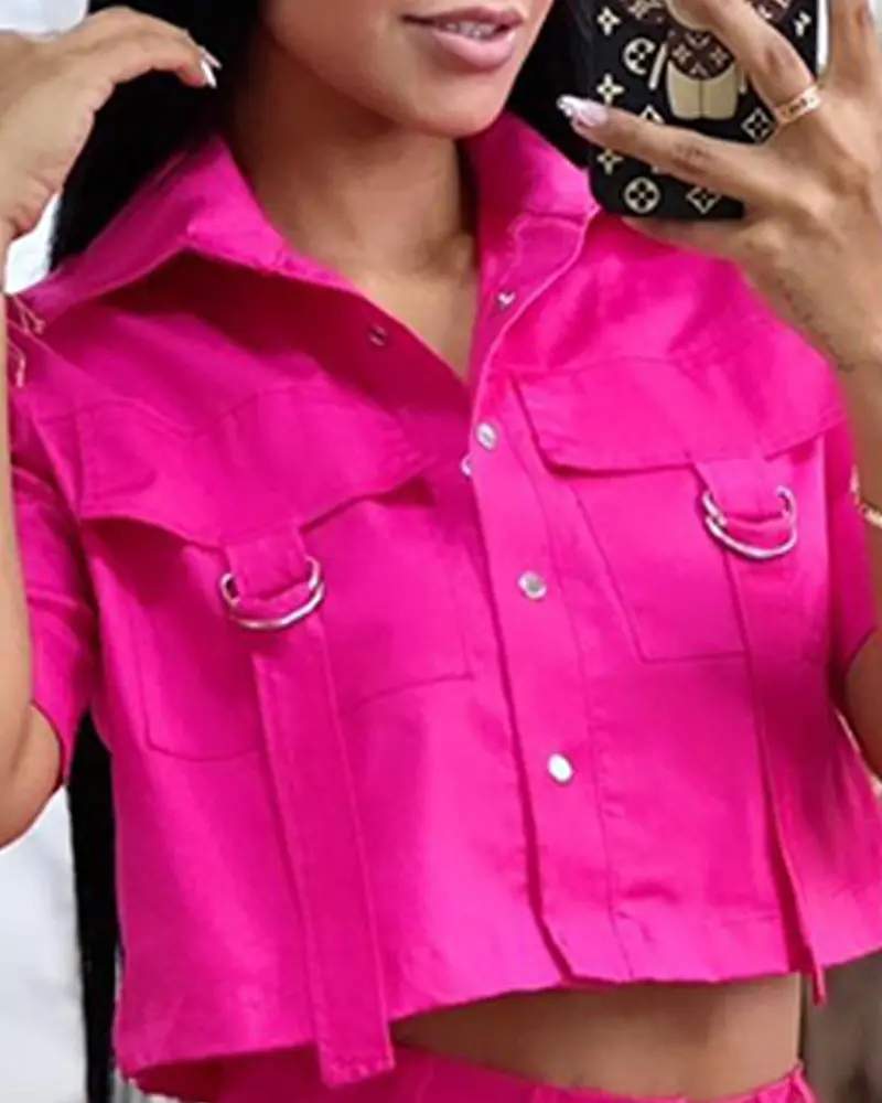 TURN DOWN COLLAR FLAP DETAIL BUTTONED CROP TOP POCKET DESIGN SHORTS SET