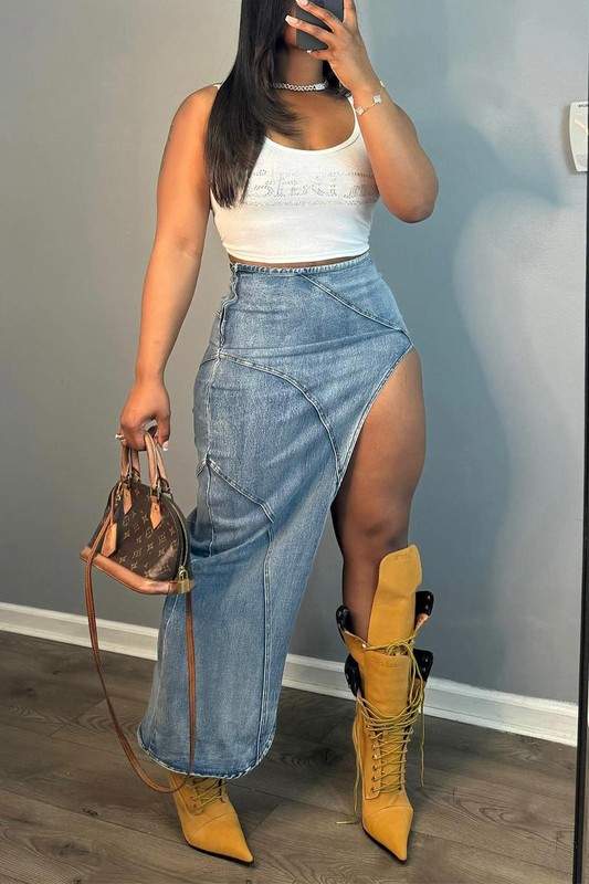 Stylish Crop Top High Slit Denim Skirt Ensemble