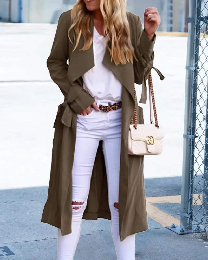 PLAIN WATERFALL NECK BELTED LONGLINE COAT