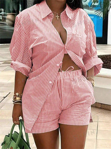ESSNCE WOMEN S CASUAL STRIPED SHIRT AND SHORTS TWO PIECE SET