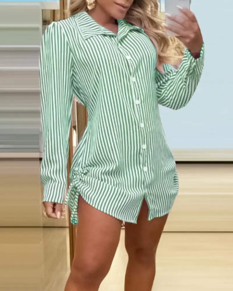 STRIPED SIDE DRAWSTRING BUTTONED SHIRT DRESS