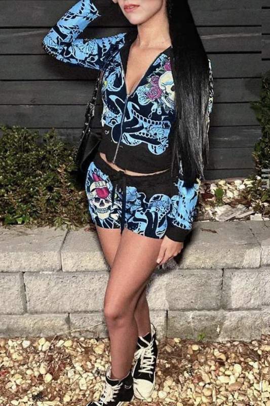 GRAPHIC CROP JACKET TOP AND SHORTS SET