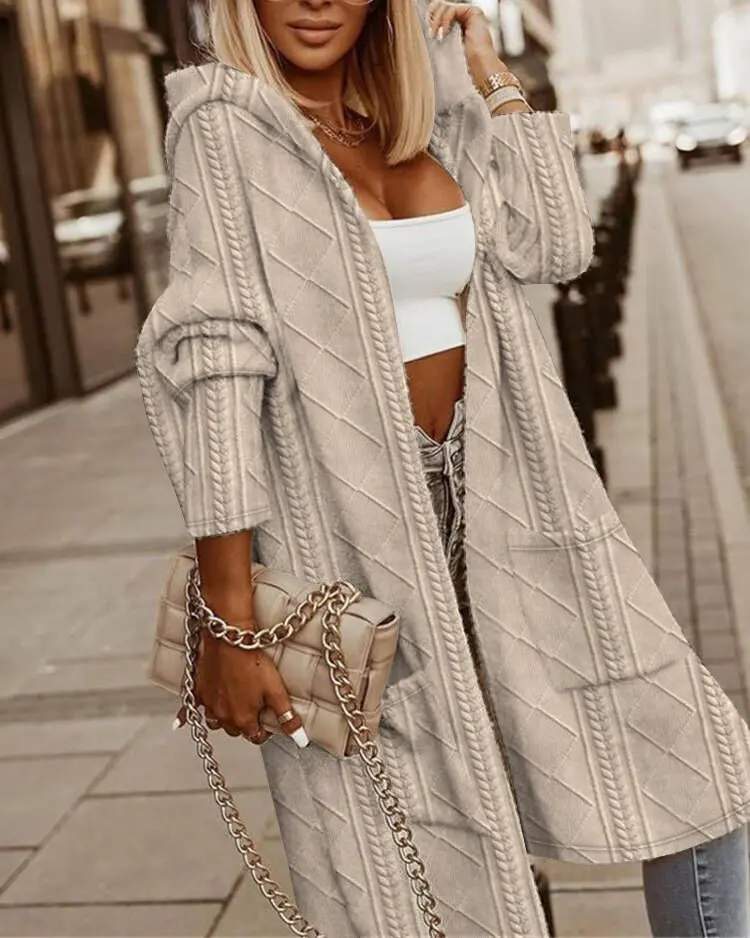 CABLE TEXTURED HOODED LONGLINE COAT