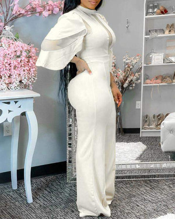 Sheer Mesh Bell Sleeve Wide Legs Jumpsuit