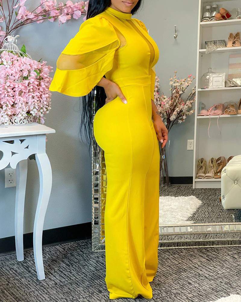 Sheer Mesh Bell Sleeve Wide Legs Jumpsuit