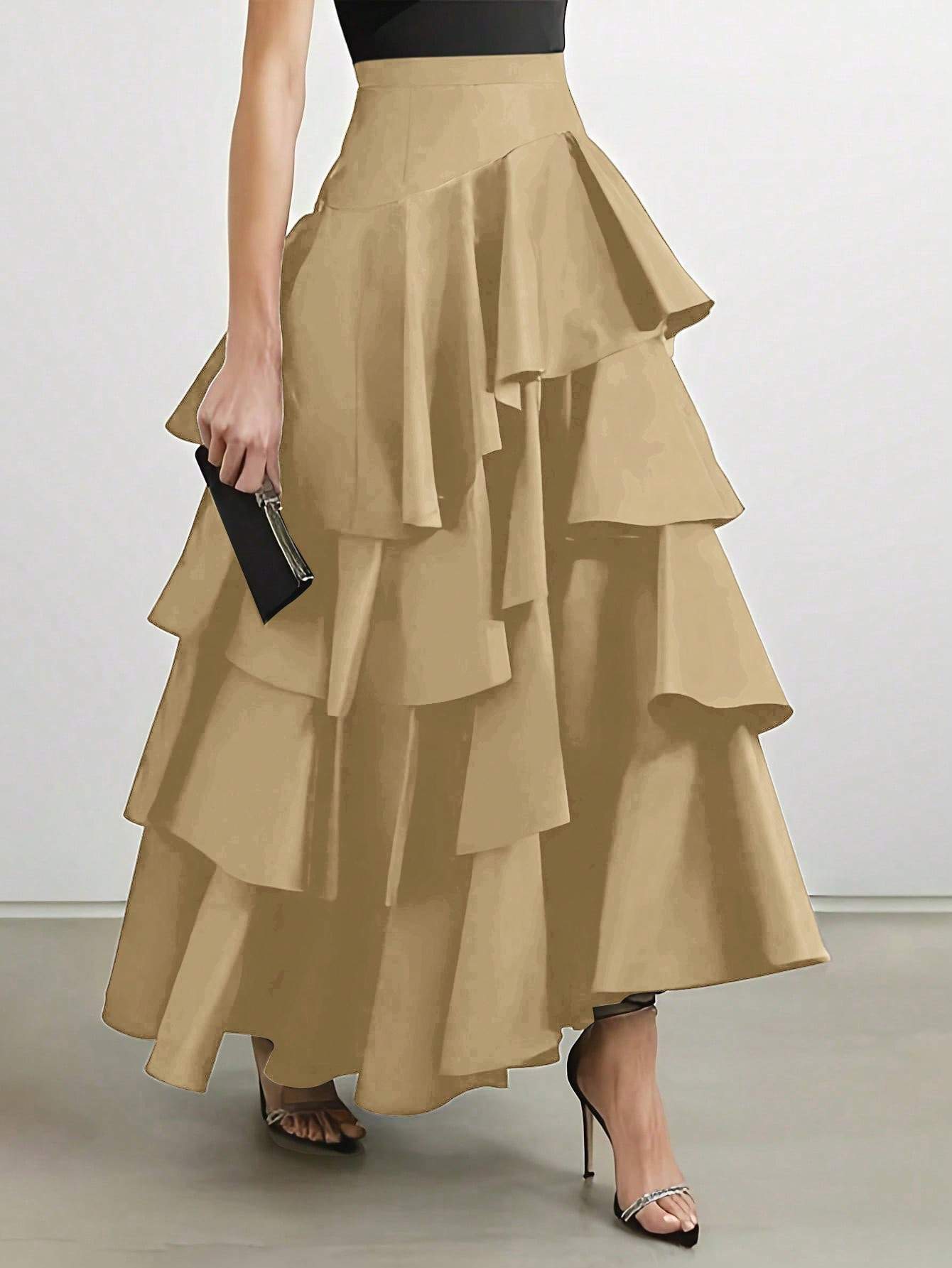 PRIV SOLID COLOR MULTI LAYER RUFFLE HEM SKIRT