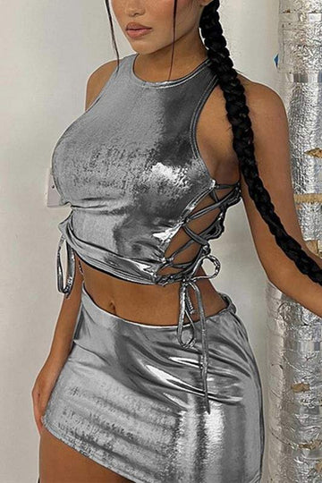 SHINY TANKS AND SKIRT SET