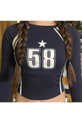 NUMBER PRINT FITTED LONG SLEEVE TOP
