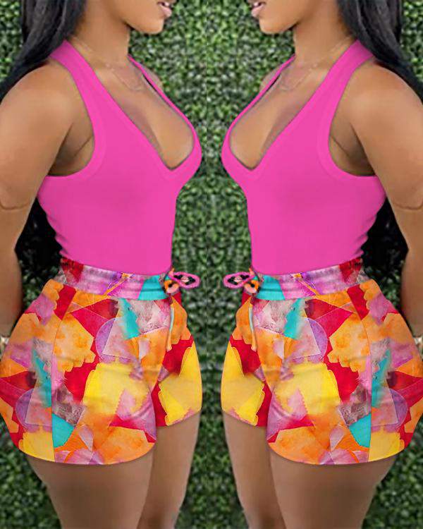 Halter Tank Top Colorblock Print Shorts Set