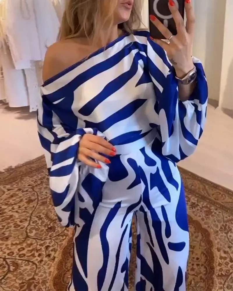 COLORBLOCK SKEW NECK BATWING SLEEVE TOP STRAIGHT LEG PANTS SET
